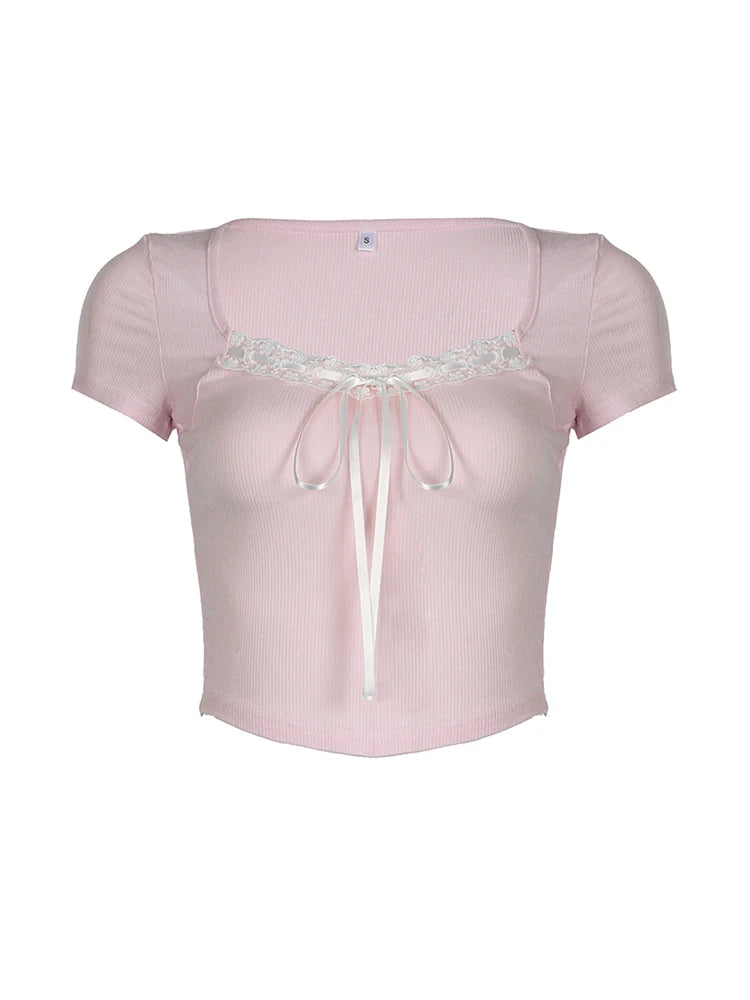 Balletcore Sweet Y2k Tie Lace Trim Square Collar Pink T-shirt Short Sleeve 2000s Kawaii Clothes