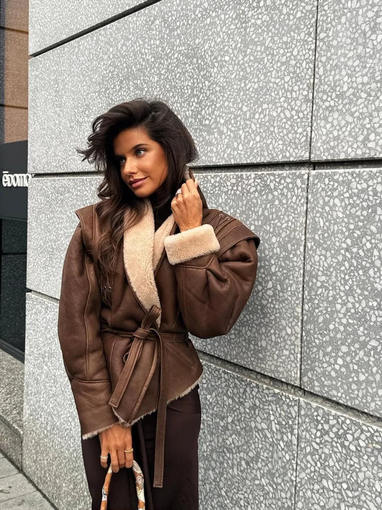 Warm Furry Leather Woman Jacket With Belt Lapel Long Sleeve Motorcycle Coat Lady Winter High Street Outerwear