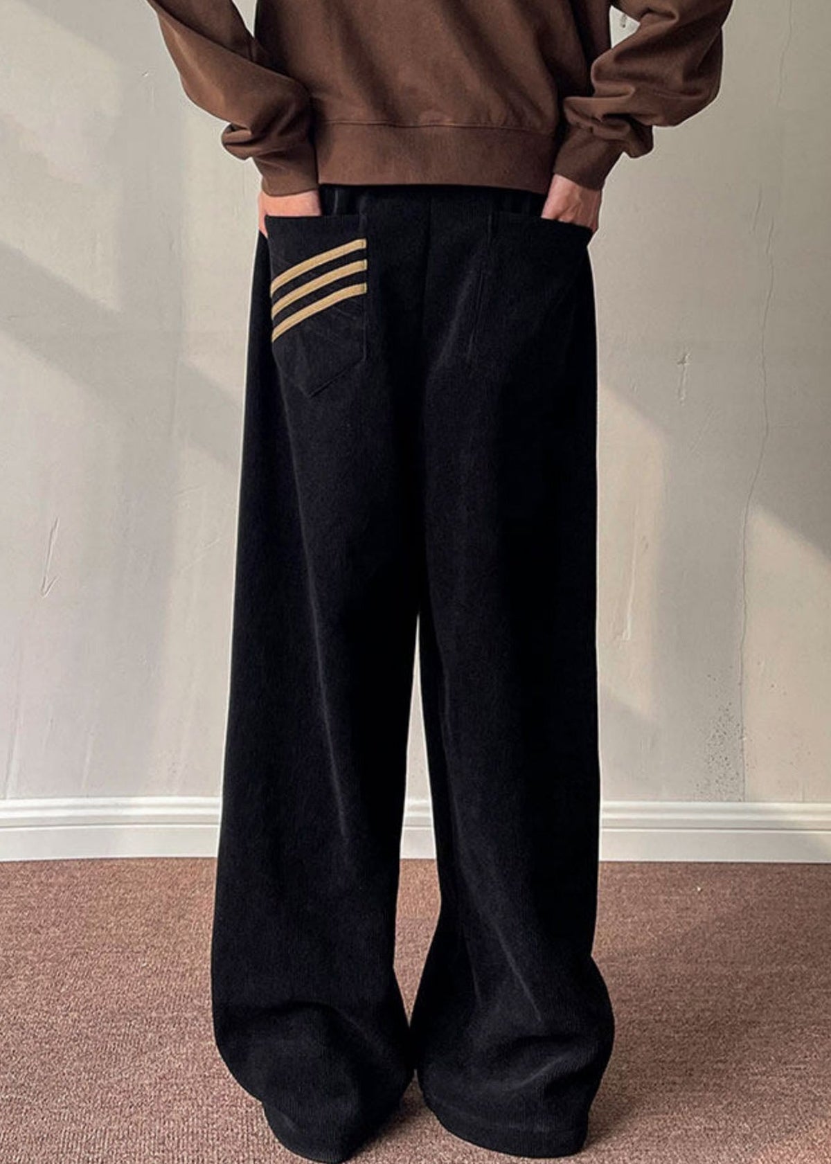 Simple Black Pockets Thick Corduroy Wide Leg Pants Spring Rm056