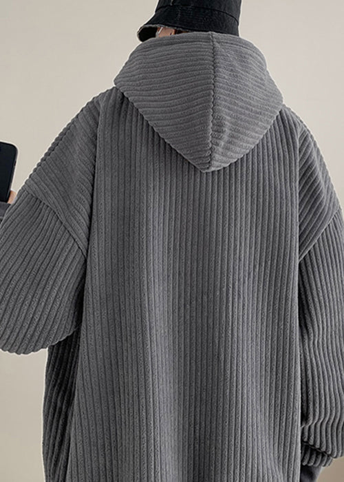 Simple Grey Hooded Pockets Thick Corduroy Sweatshirts Winter Rp054