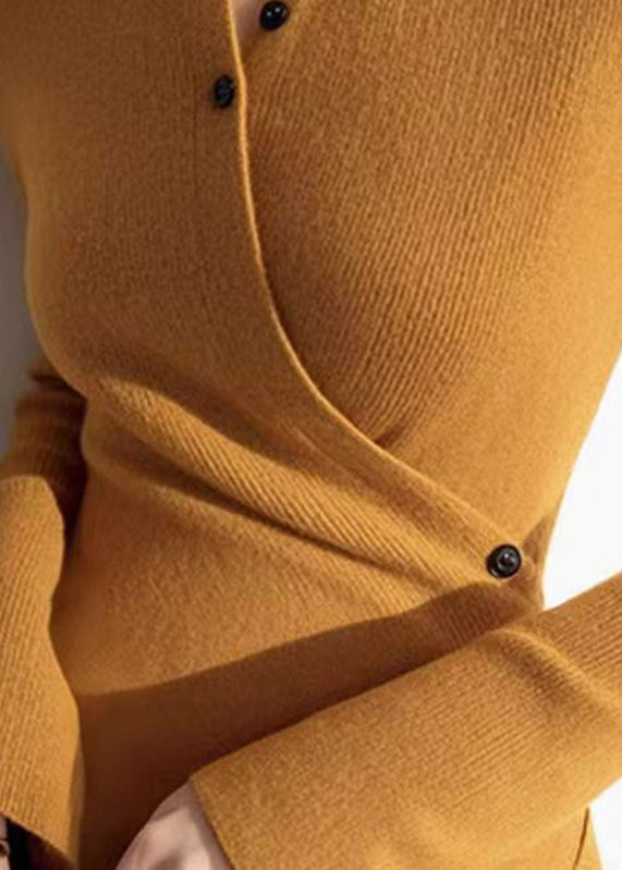 Slim Fit Yellow V Neck Wrinkled Cotton Knit Sweaters Winter Om006