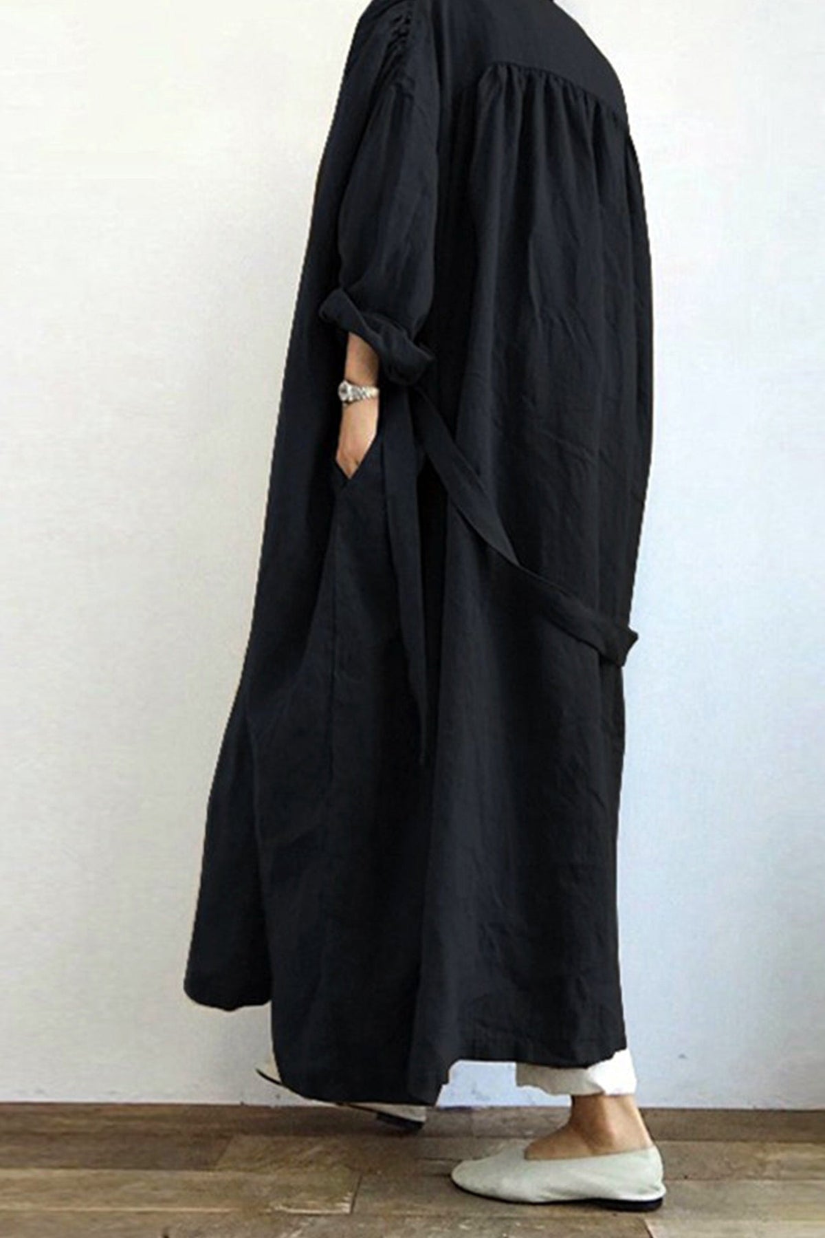 Color Pocketed Long Trench Coat
