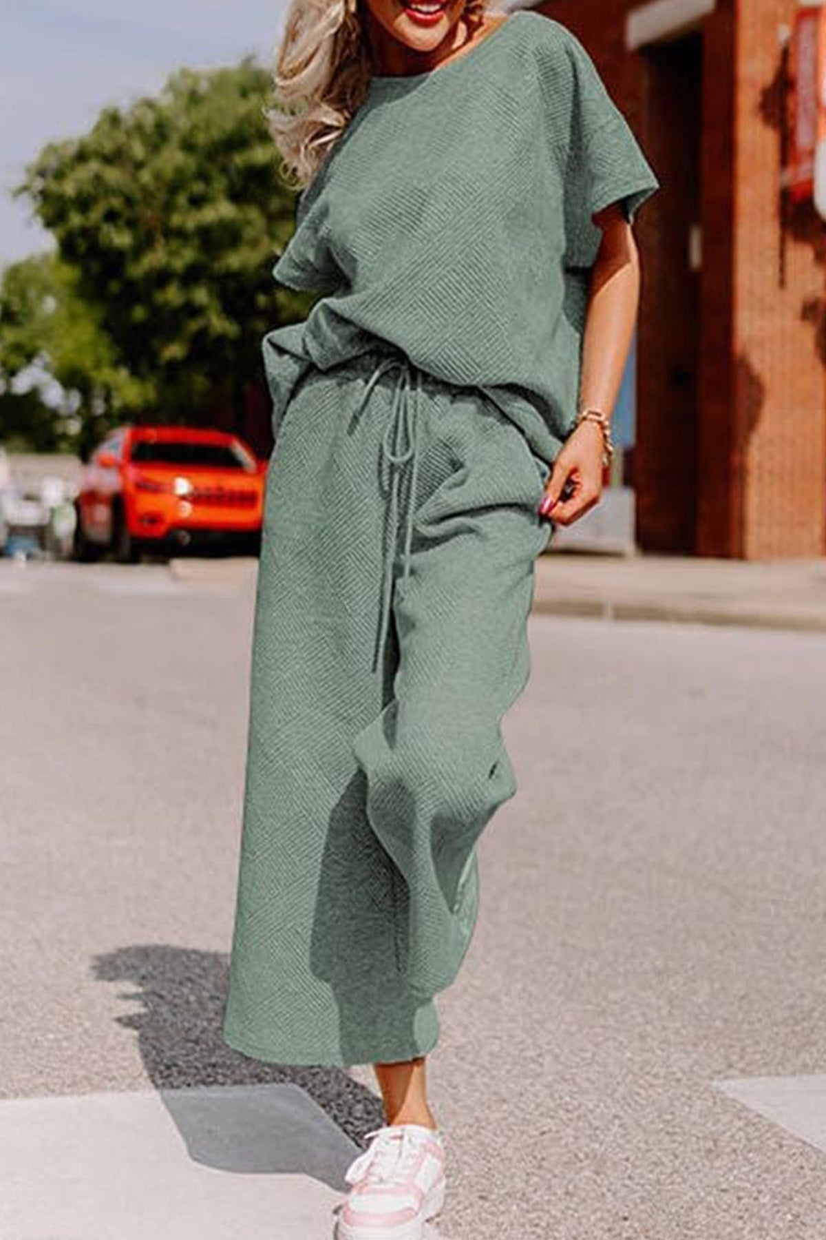 Textured T-shirt Long Pants Set