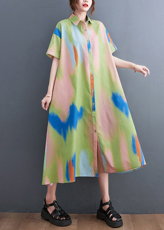 Style Blue Peter Pan Collar Print Button Long Dress Shirts Short Sleeve Ly0651