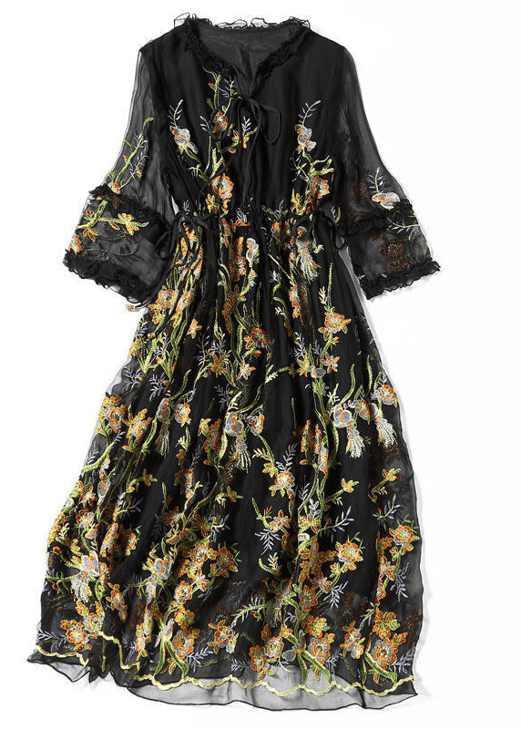 Stylish Black Embroideried Hollow Out Silk Maxi Dresses Ac3044