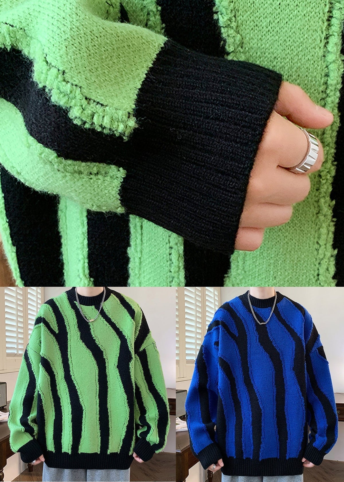 Blue Cozy Patchwork Knit Sweaters Pullover O Neck Winter Rc024