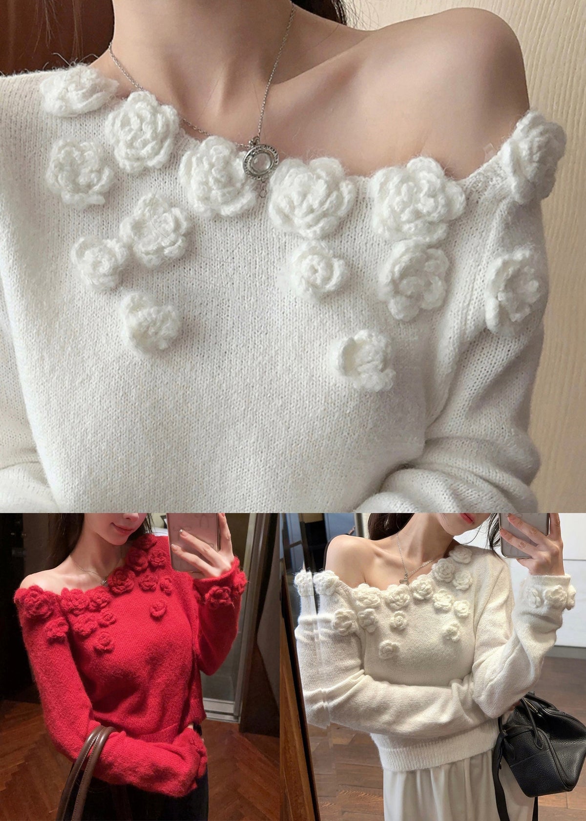 Red Patchwork Knit Sweater Asymmetrical Winter Wx023