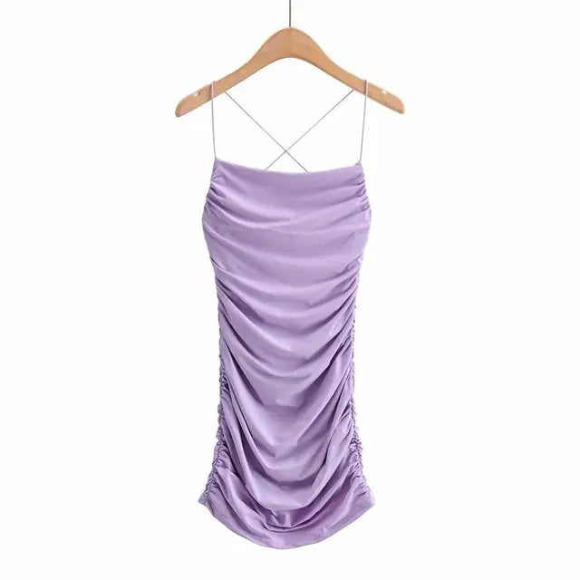 Summer Strap Cross Backless Skinny Mini Dresses Sleeveless Pleated Bottom Wrapped Hip Dress Bodycon Club