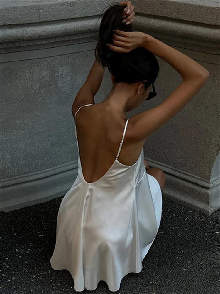 V-neck White Spaghetti Mini Dress