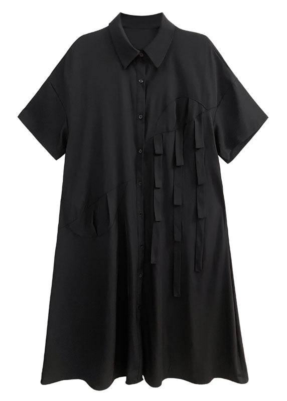 Unique Black Peter Pan Collar Patchwork Button Cotton Long Dress Summer Ts1038
