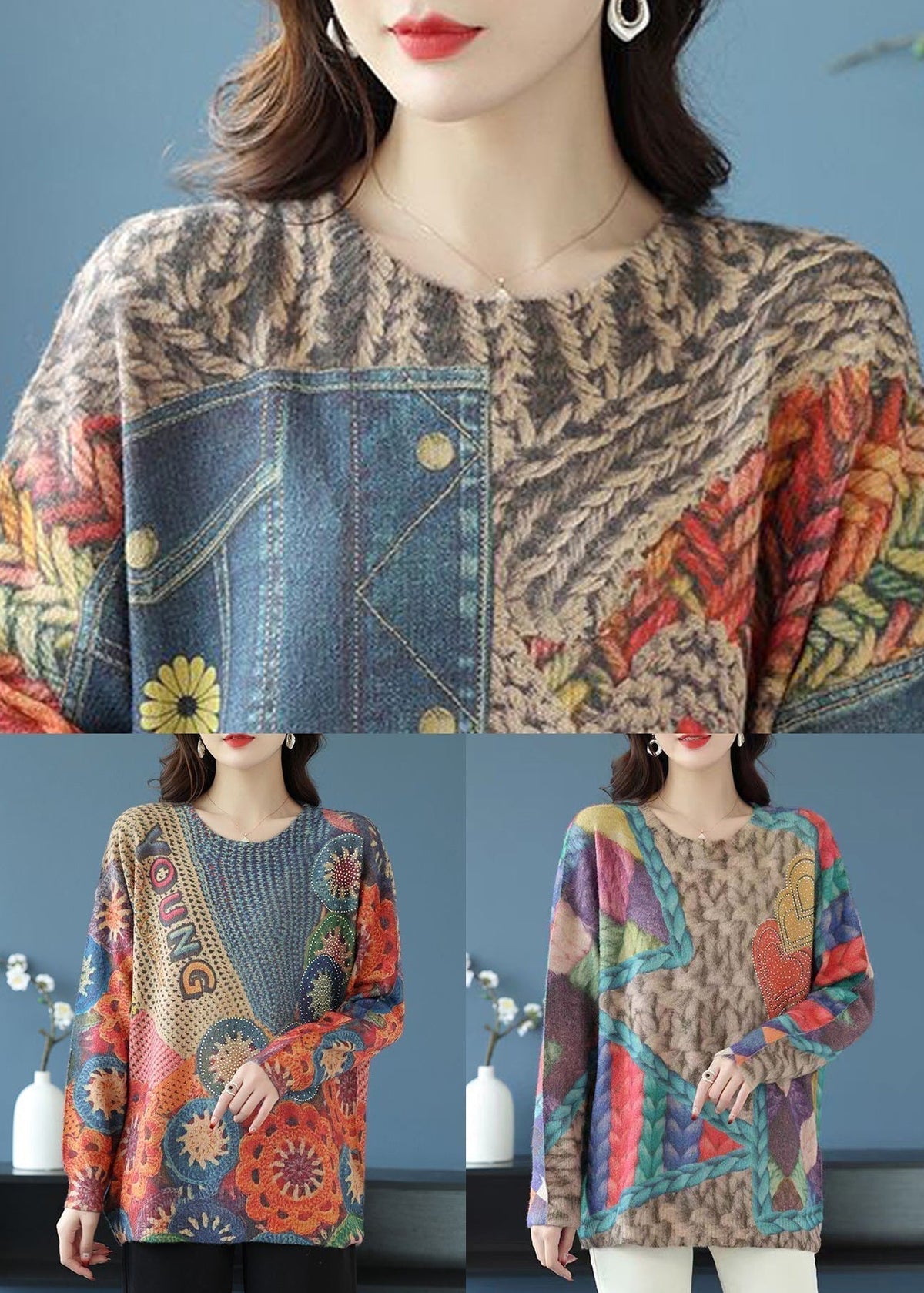 Unique Blue Print Cozy Wool Knit Sweaters Long Sleeve Tb027