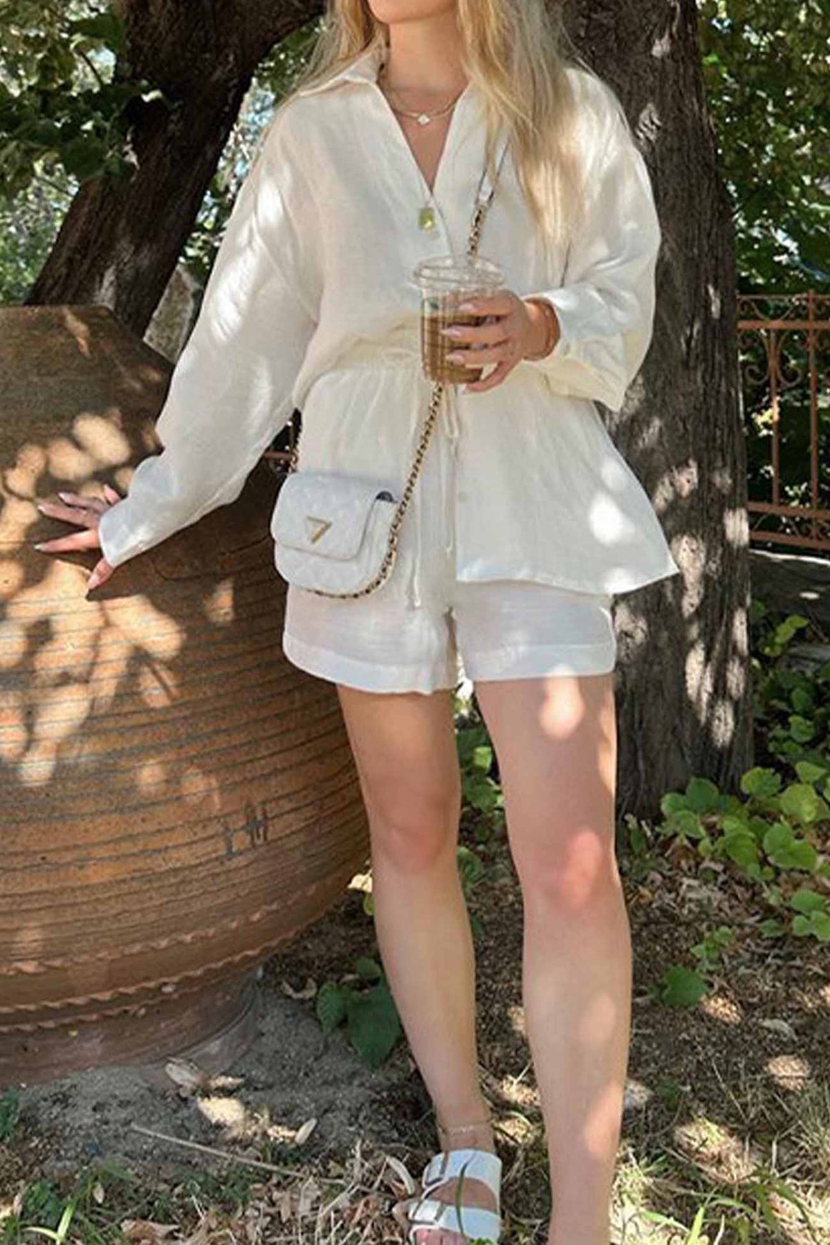 Color V Neck Shirt Drawstring Shorts Set