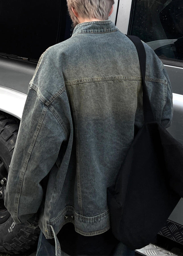 Blue Zip Up Denim Coats Stand Collar Fall Wa024