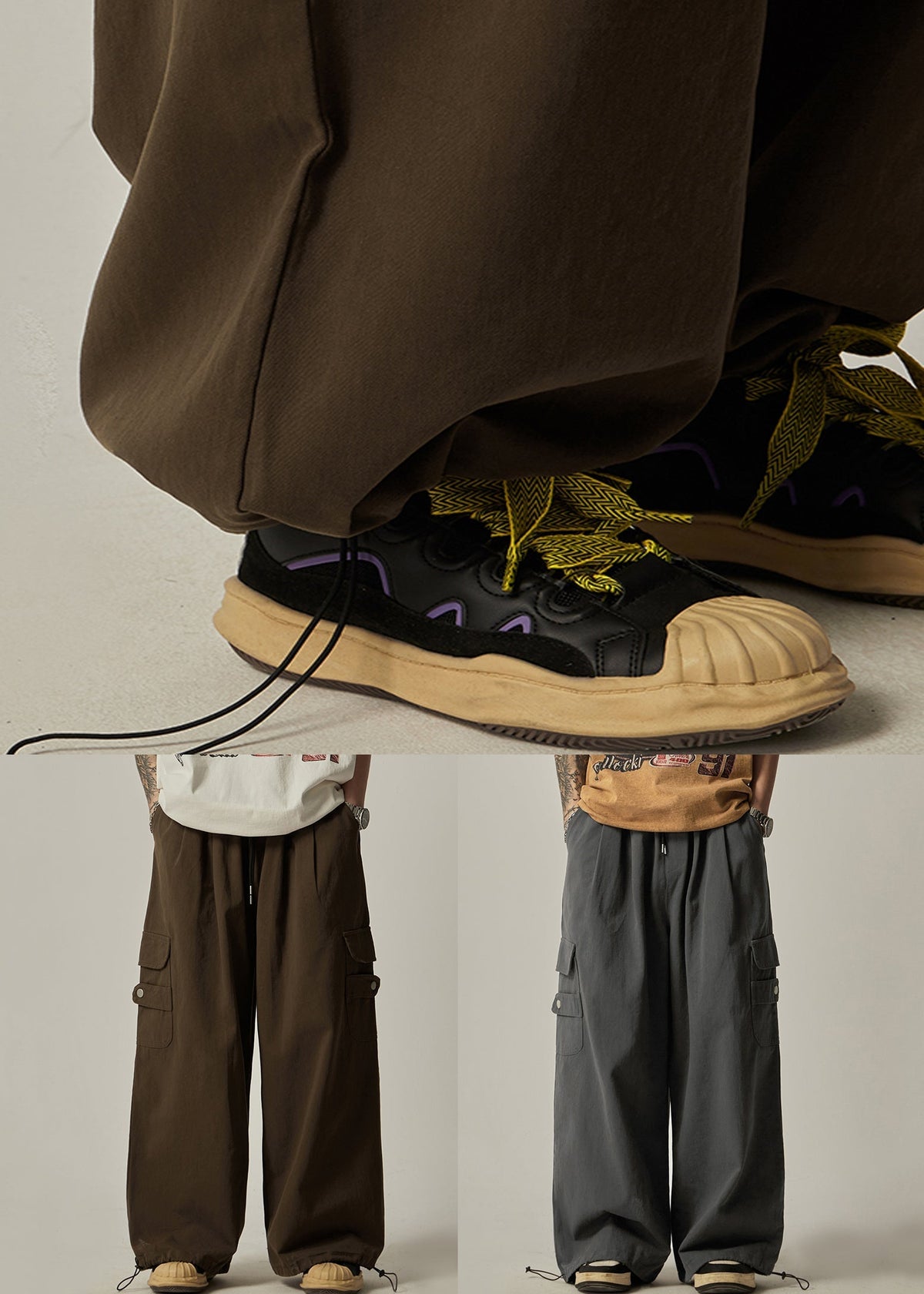 Pockets Drawstring Pants Brown Wide Leg Cotton