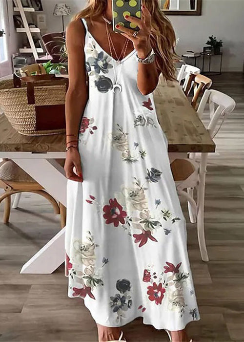 Feather Print V Neck Cotton Long Dresses Sleeveless Ww1043