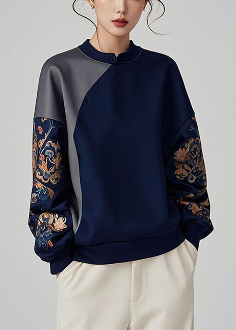Navy Asymmetrical Patchwork Cotton Pullover Sweatshirt Spring Yj042