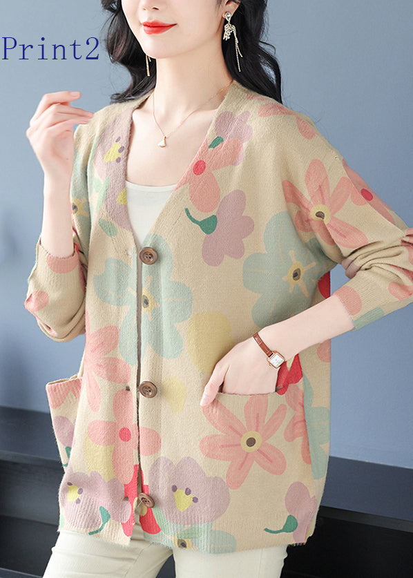 V Neck Print Pockets Woolen Cardigans Spring Tq022