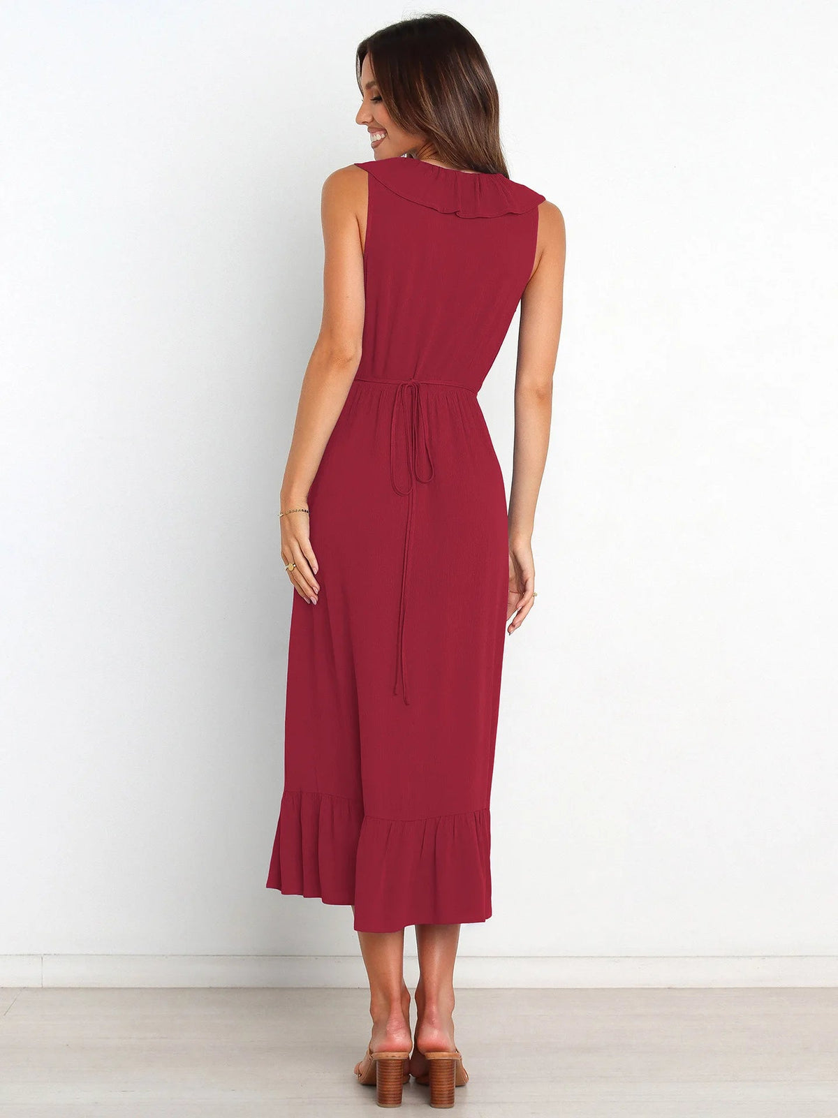 Ruffled Sleeveless V-neck Ruffled High-grade Traf Midi Dresses