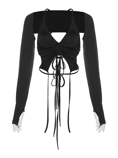 Y2k 2 Piece Long Sleeve Halter Crop Top Irregular Backless T-shirts Aesthetic