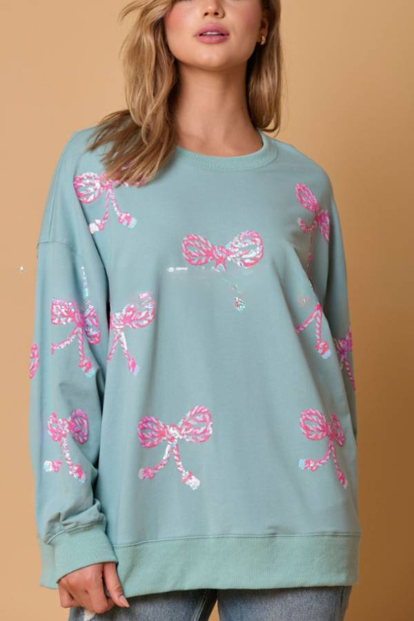 Bowknot Sequined Loose Long Sleeve Sweatshirt