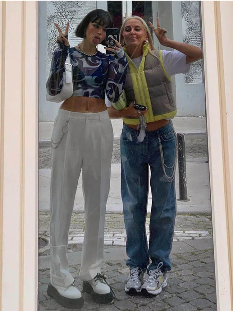Female Crop Tops Mesh Sheer Print Round Neck Long Sleeve T-shirt Pullovers Y2k Harajuku Tops