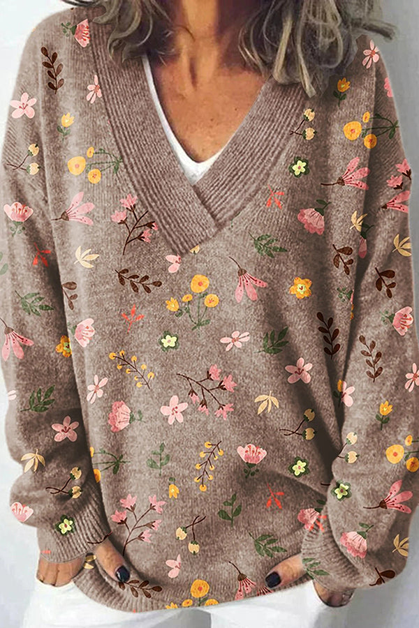 Unique Printed V-neck Long Sleeve Loose Sweater
