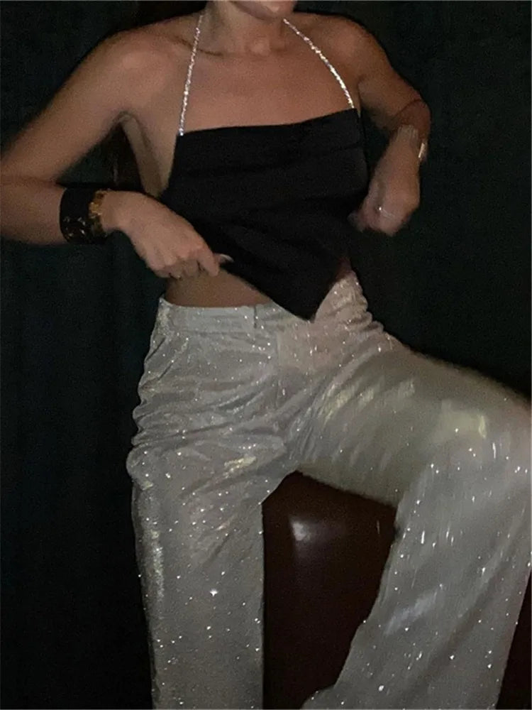 Sliver Sequins Blazers for Suit High Waist Loose Pants Female Blazer Jacket Party Pant Sets Outfits
