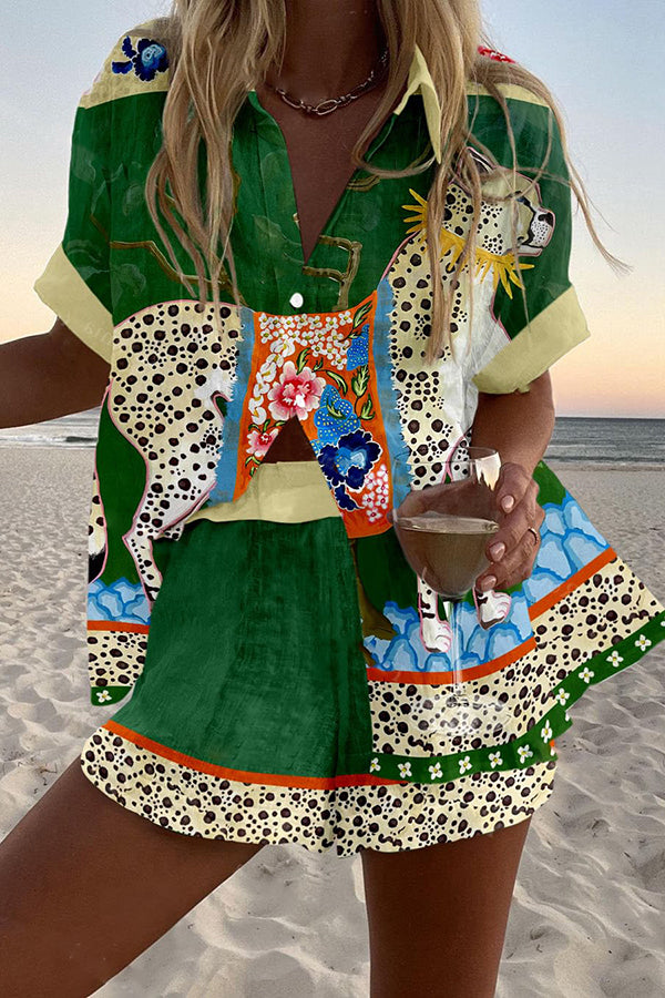 Leopard Print Loose Button Elastic Waist Shorts Set