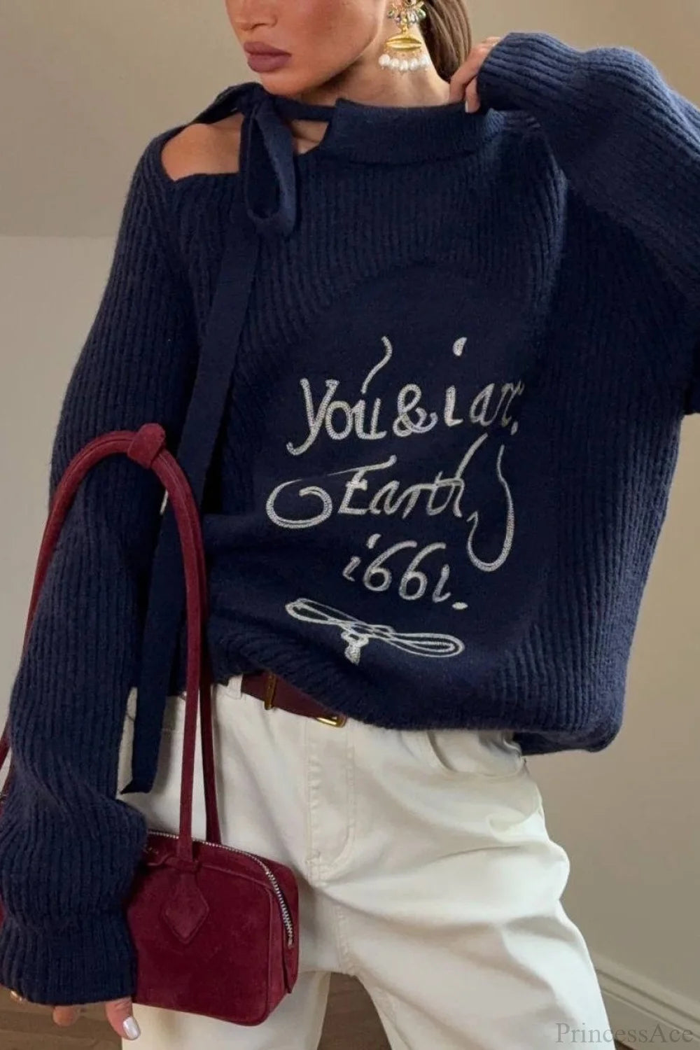 Asymmetrical Shoulder Letter Pattern Sweater