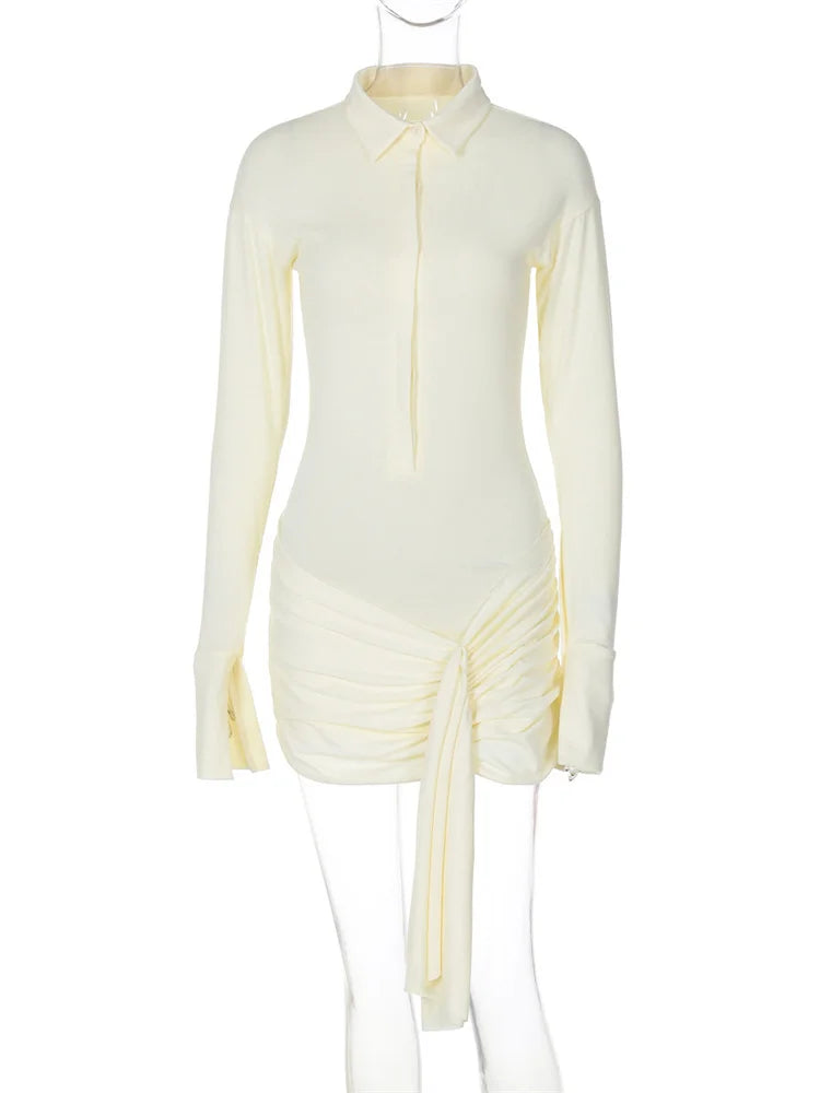 See-through Mini Dress for Lapel Pleated See-through Bandage High Waist Dress Female Mini Dress