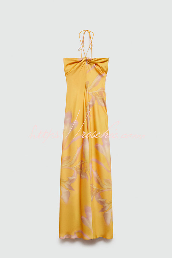 Catalina Island Satin Print Twist Bust Halter Maxi Dress