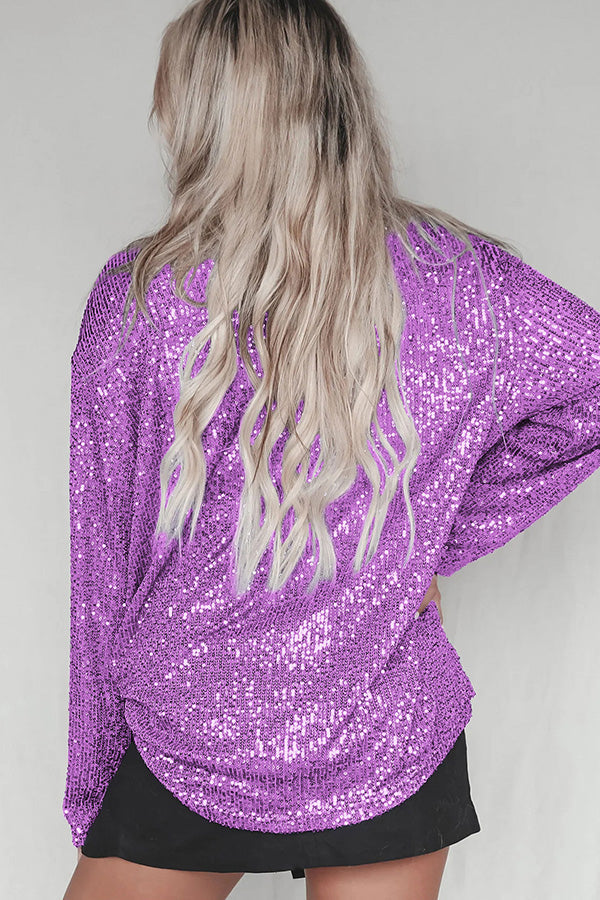 Color Button-down Long-sleeve Sequined Cardigan