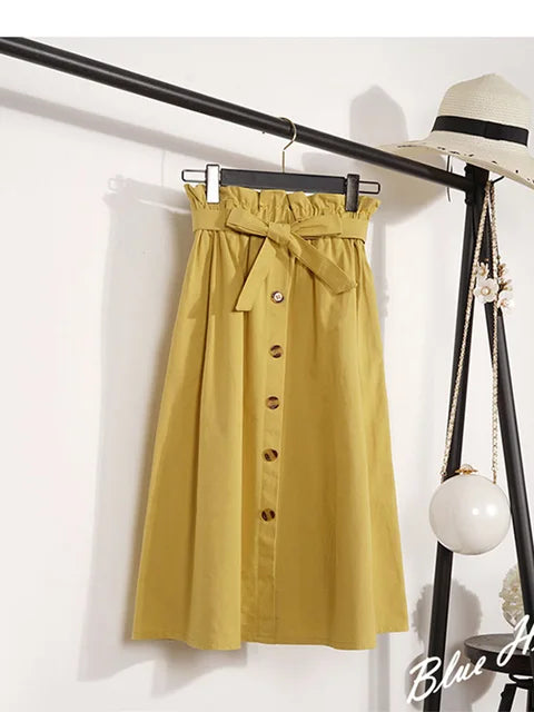 Summer Autumn Skirts Midi Knee Length Korean Button High Waist Skirt Female Pleated School Skirt
