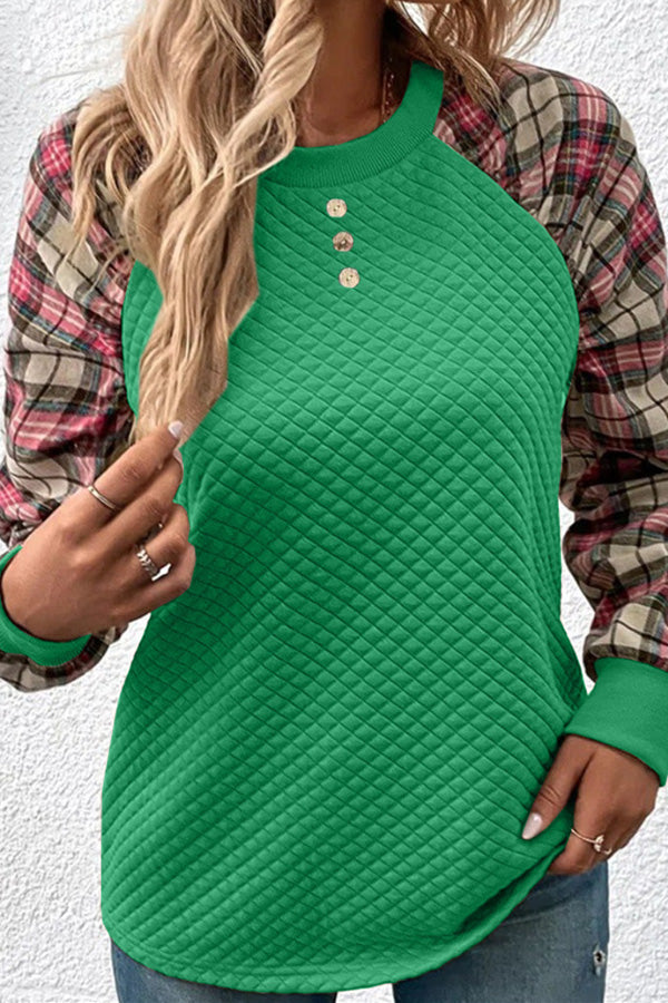 Fashionable Diamond Plaid Patchwork Long-sleeved Round Neck Sweatshirt