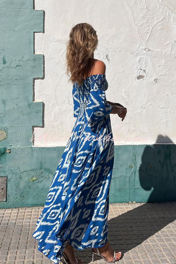 Close to the Vacation Print Smocked Off Shoulder Pocketed Maxi Dress