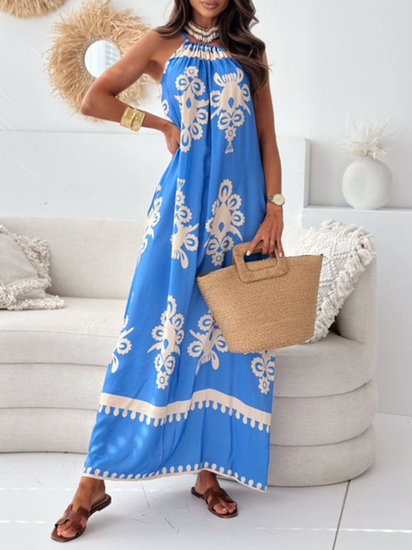 Loose Sleeveless Printed Split-joint Spaghetti-neck Maxi Dresses