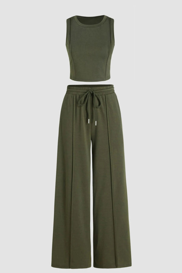 Jungle Green Cropped Tank Top and Wide Leg Pants Set