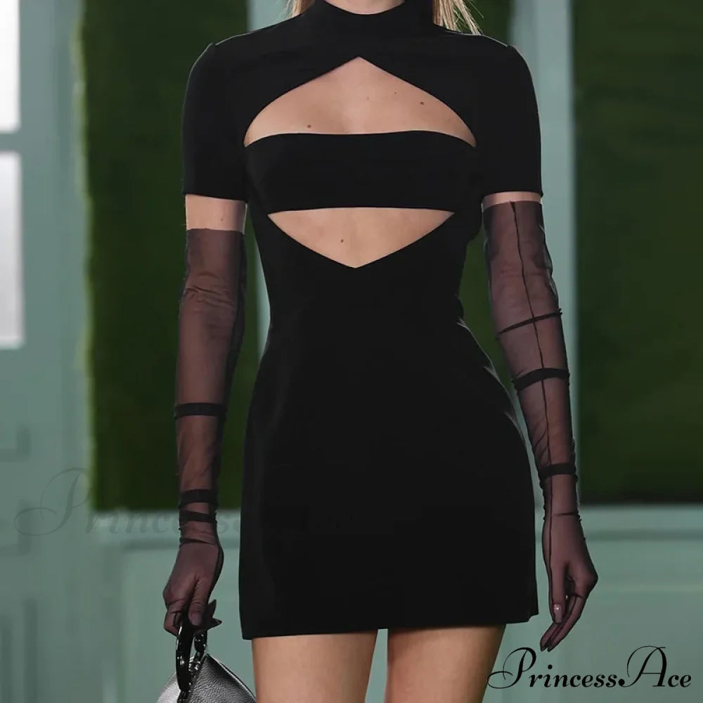 Black Front Hollow Charming Out Mini Dress