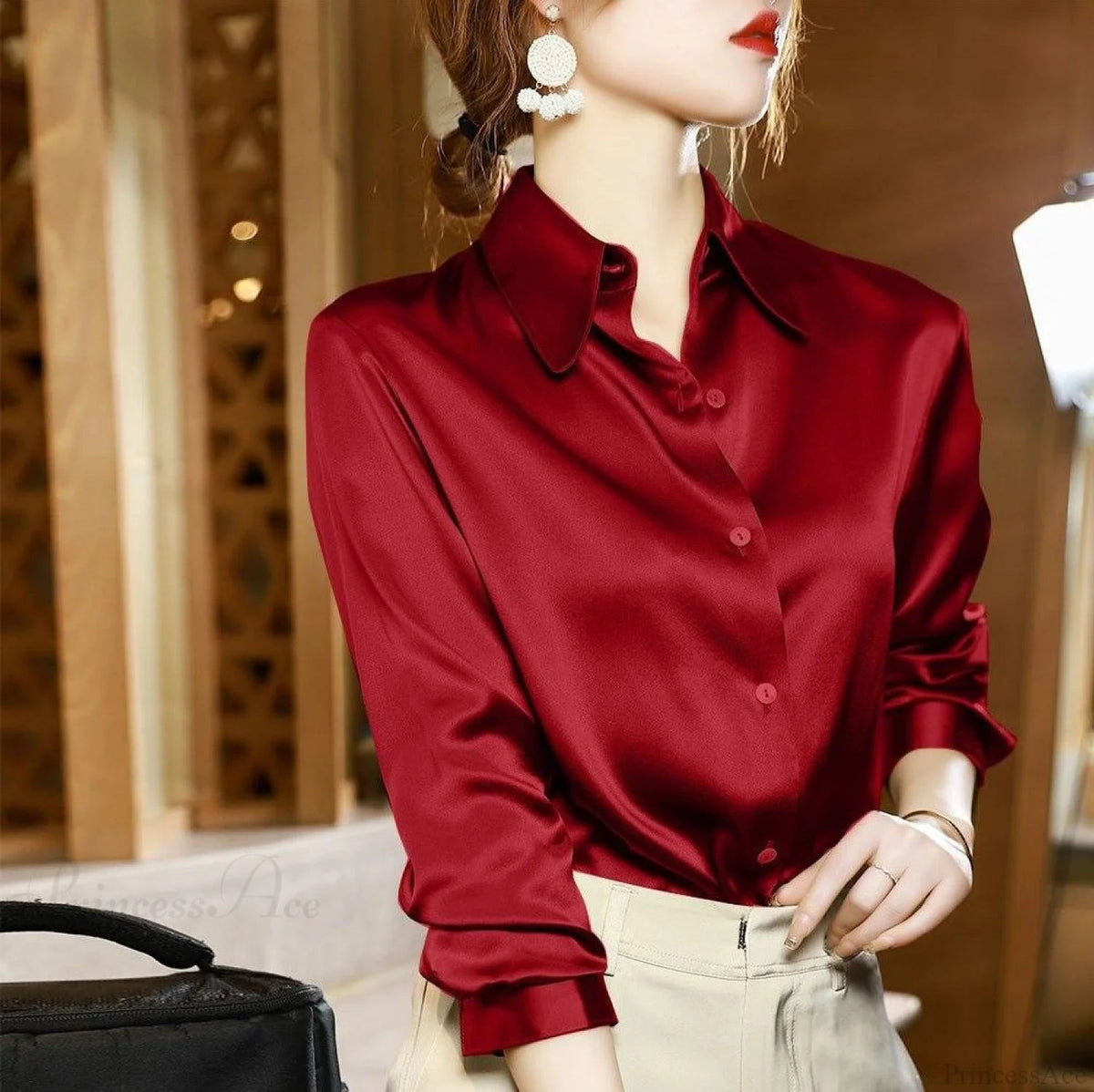 Button Satin - Blouse Silk Office Crepe Up Top
