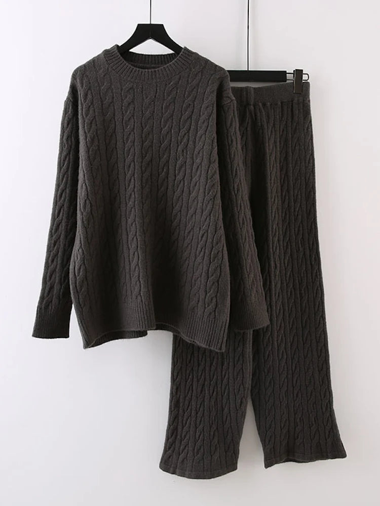 Autumn Knit Outfits Two Piece Sets Rib Loose Pullover and Wide Legs Pants Sweater Suit Matching Sets