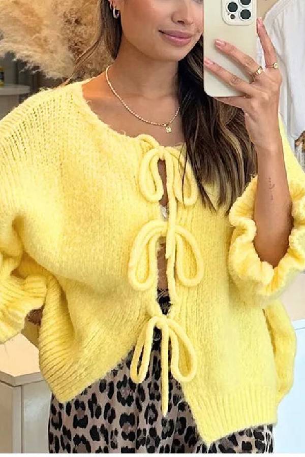 Lace Up Bow Flared Sleeve O-neck Cardigan Sweater