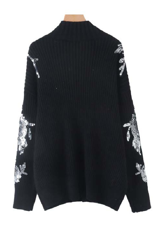Turtleneck Loose-fitting Sequined Pattern Long Sleeve Knitted Sweater