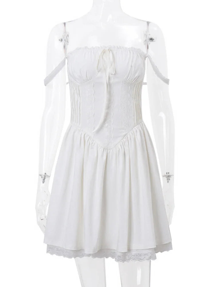 White Lace Backless Mini Dress for Robe Spaghetti Strap Sleeveless A-line Dresses Dress