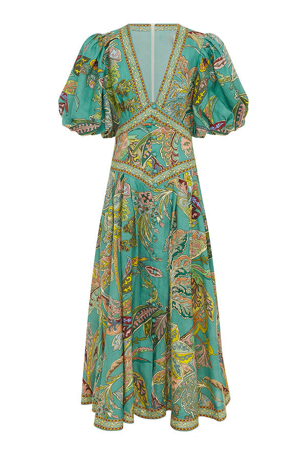 Vacation Linen Blend Unique Print Button Puff Sleeve Pocket Maxi Dress
