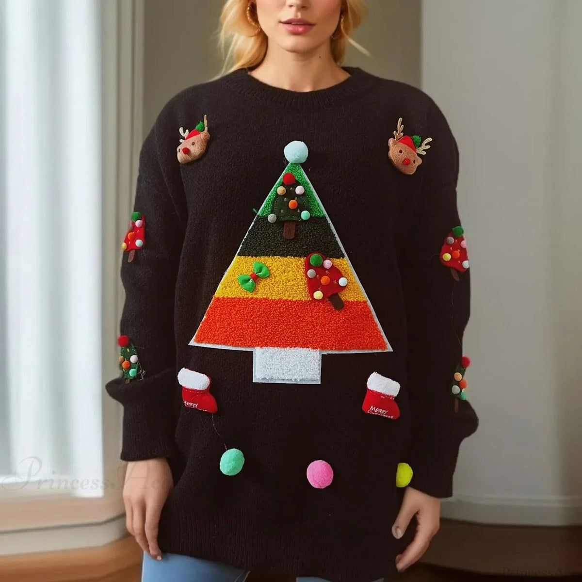 Christmas Tree Jacquard Three Decorated Round Neck Long Sleeve Fleece Christmas Sweater