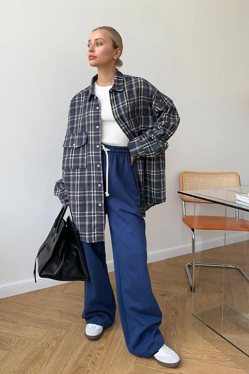 American Plaid Double-pocket Mid-length Blouse
