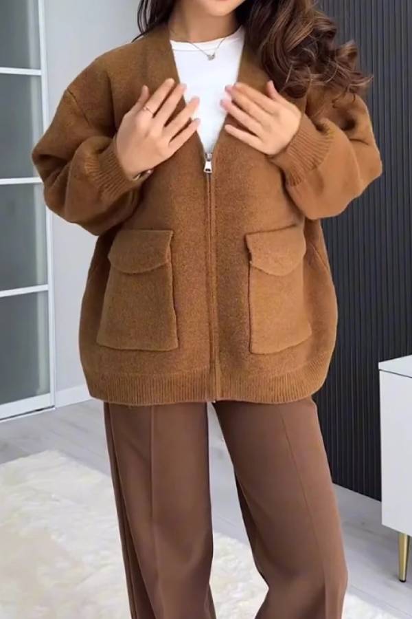 Color Versatile V-neck Pocket Sweater Jacket