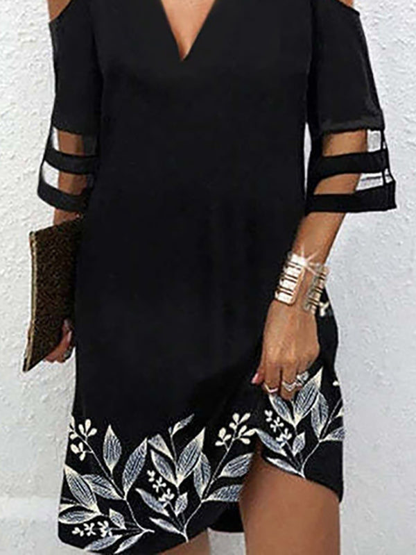 Half Sleeves Loose Hollow Leaves Print Mesh Split-joint Cold Shoulder Mini Dresses