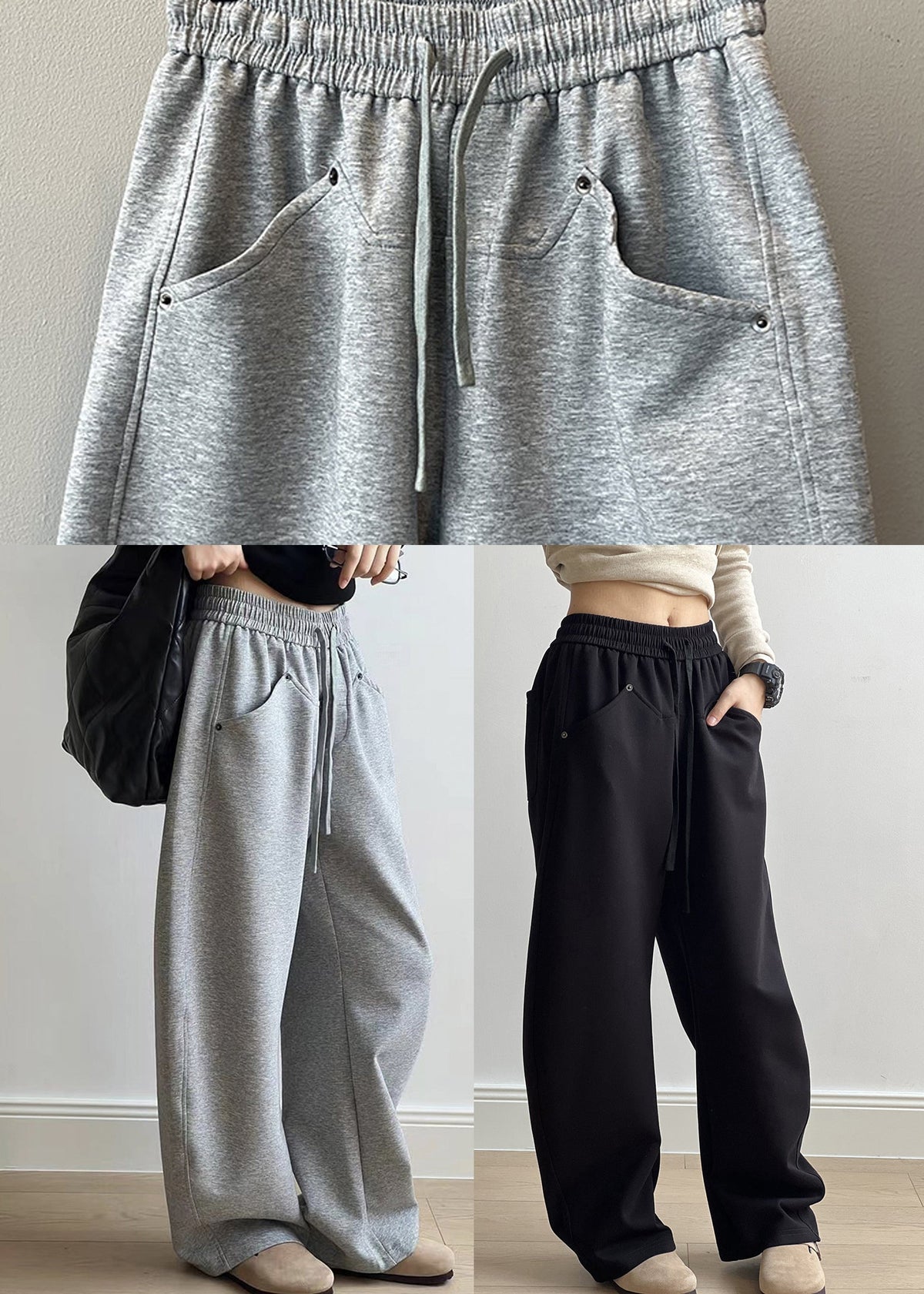 Black Pockets Cotton Pants Drawstring Elastic Waist Fall Af1071