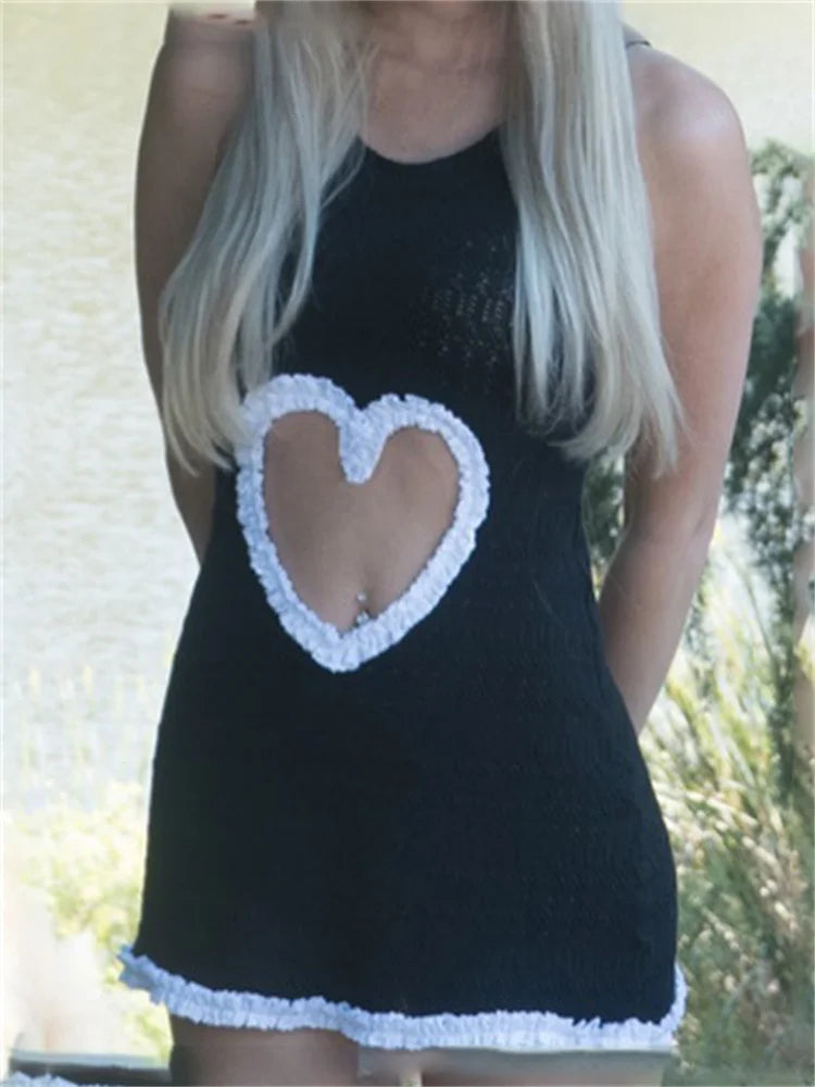 Knit Hollow Out Patchwork Mini Dress for Slim Sleeveless High Waist Lace Ruffled See-through Knitwear Dress
